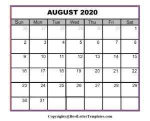 2020 August Calendar Template