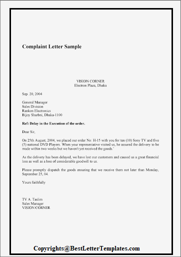 Complaint Letter For Poor Delivery Service
