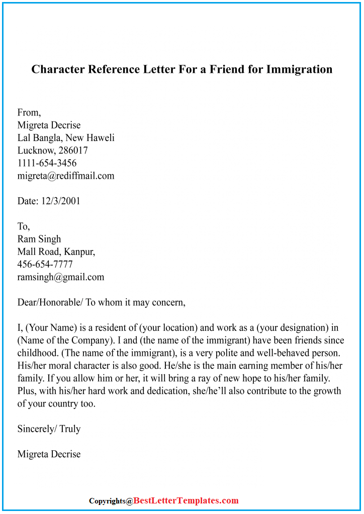 Character Reference Letter For a Friend For Immigration