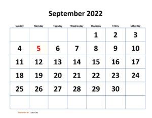 2022 September Calendar Excel