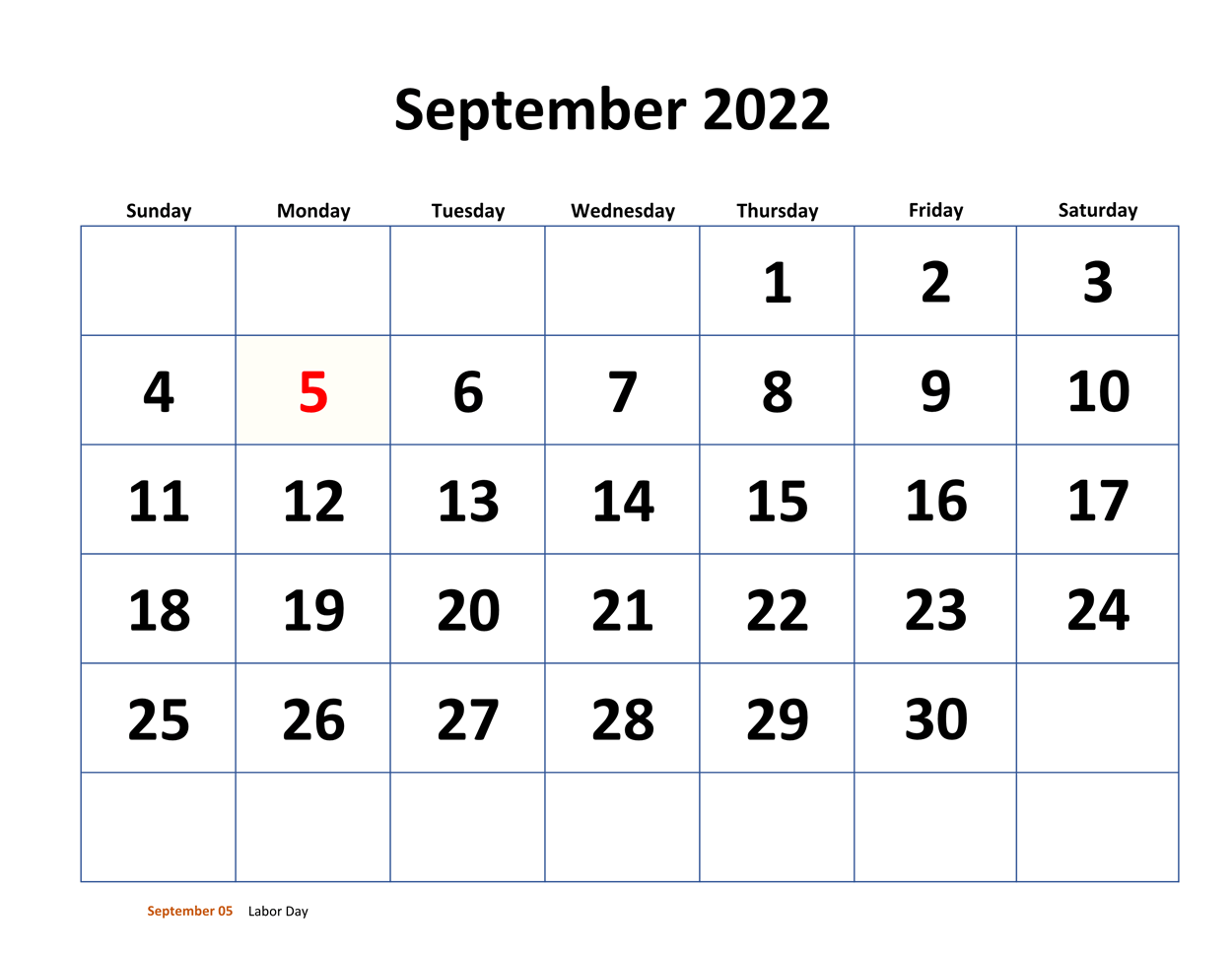 2022 September Calendar Excel