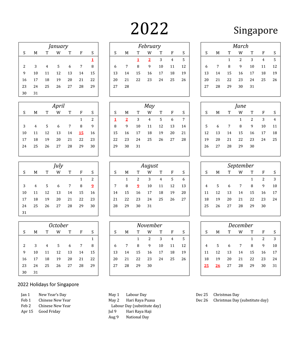 Yearly Calendar 2022 Singapore